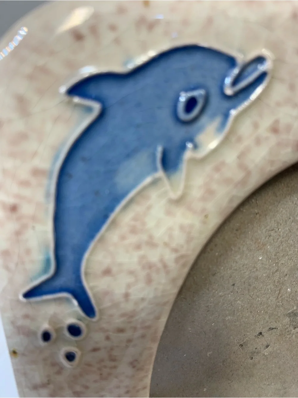 Crackle Ceramic Dolphin & Seaweed Square with Oval Picture               3837